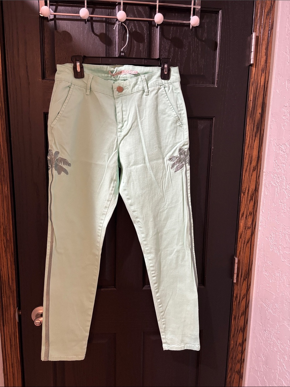 Romeo & Juliet Couture Mint Green Skinny Jeans with Palm Embroidery